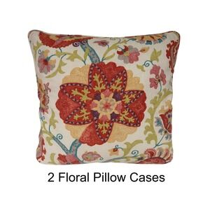 Set of 2 Floral Crewel Embroidered Pillow Covers 20x20 Multi-Color Boho Shams